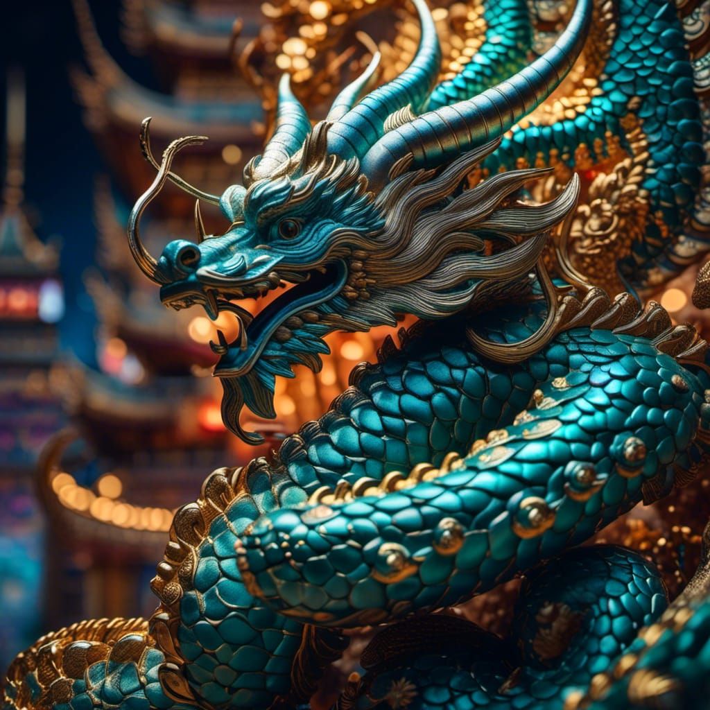 Seagreen Chinese Dragon in Klimt-Inspired Matte Painting