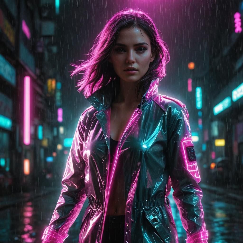 Neon Woman in Rain, Cyberpunk Style