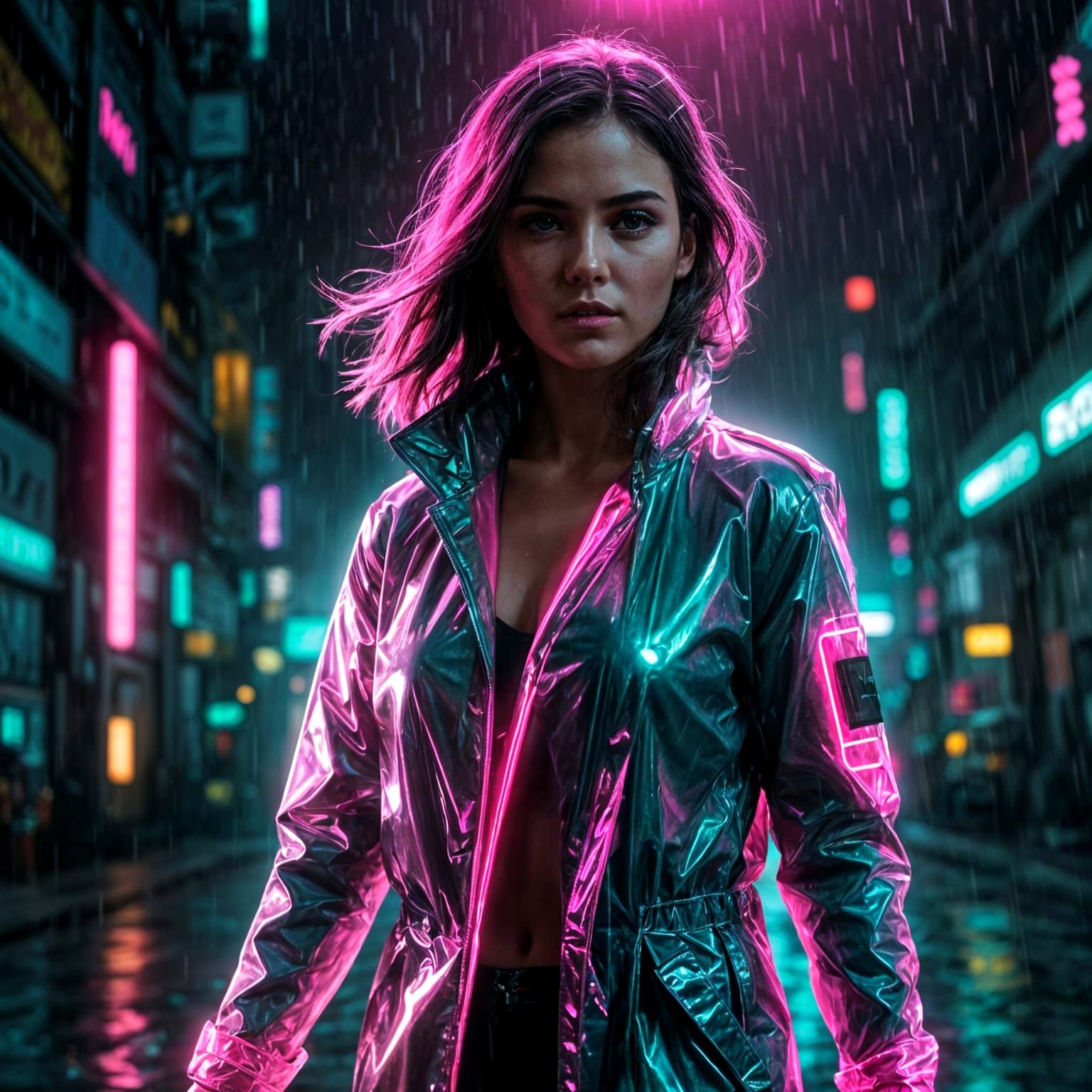Futuristic Woman of Neon Light in Rainy City
