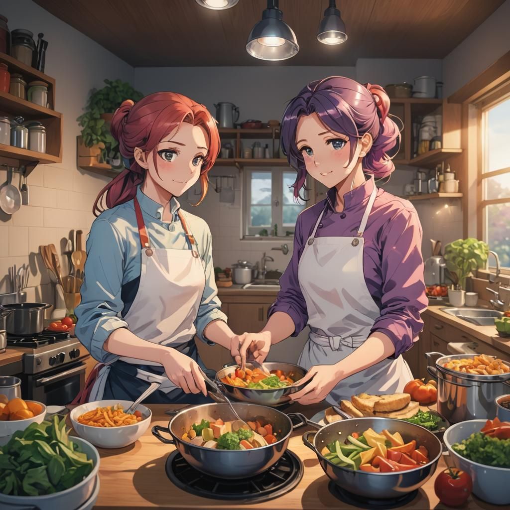 Lesbians cooking dinner