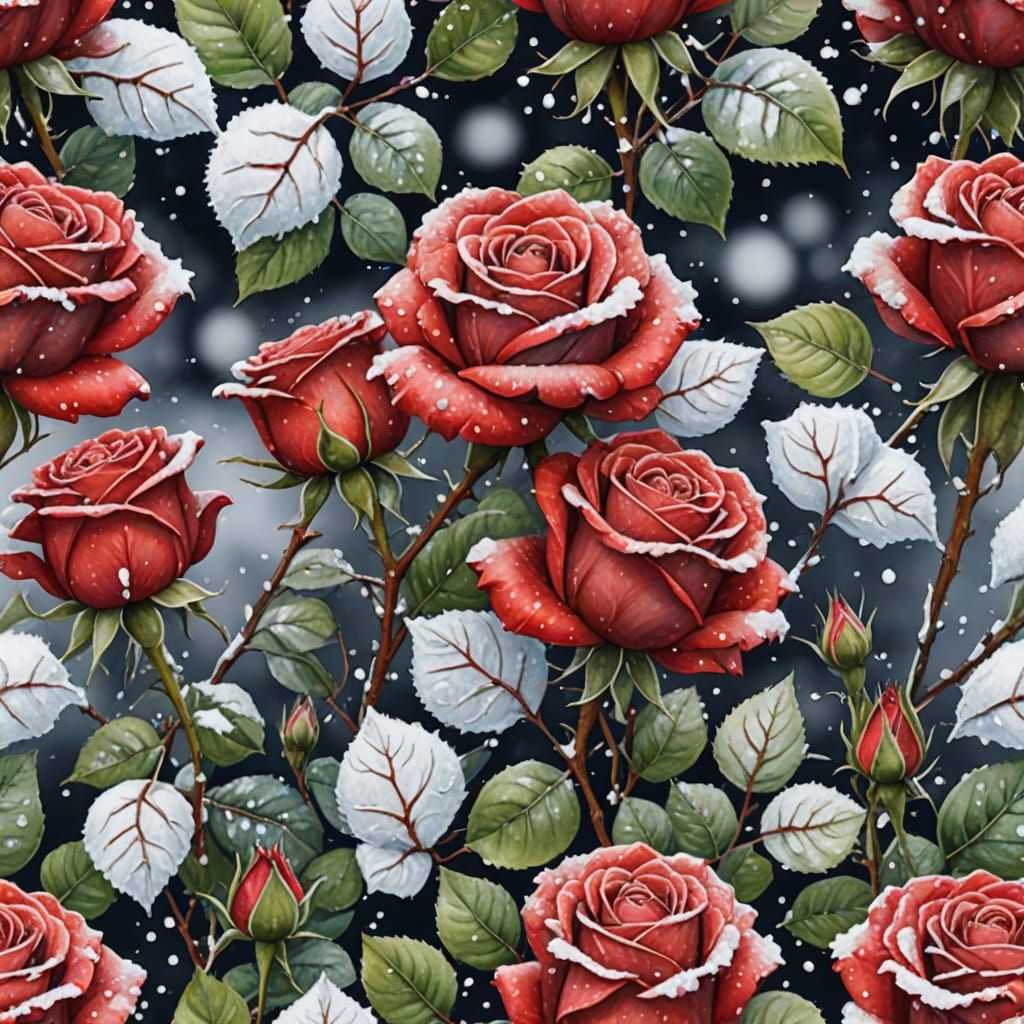 Red Roses in Snow, Watercolor Style