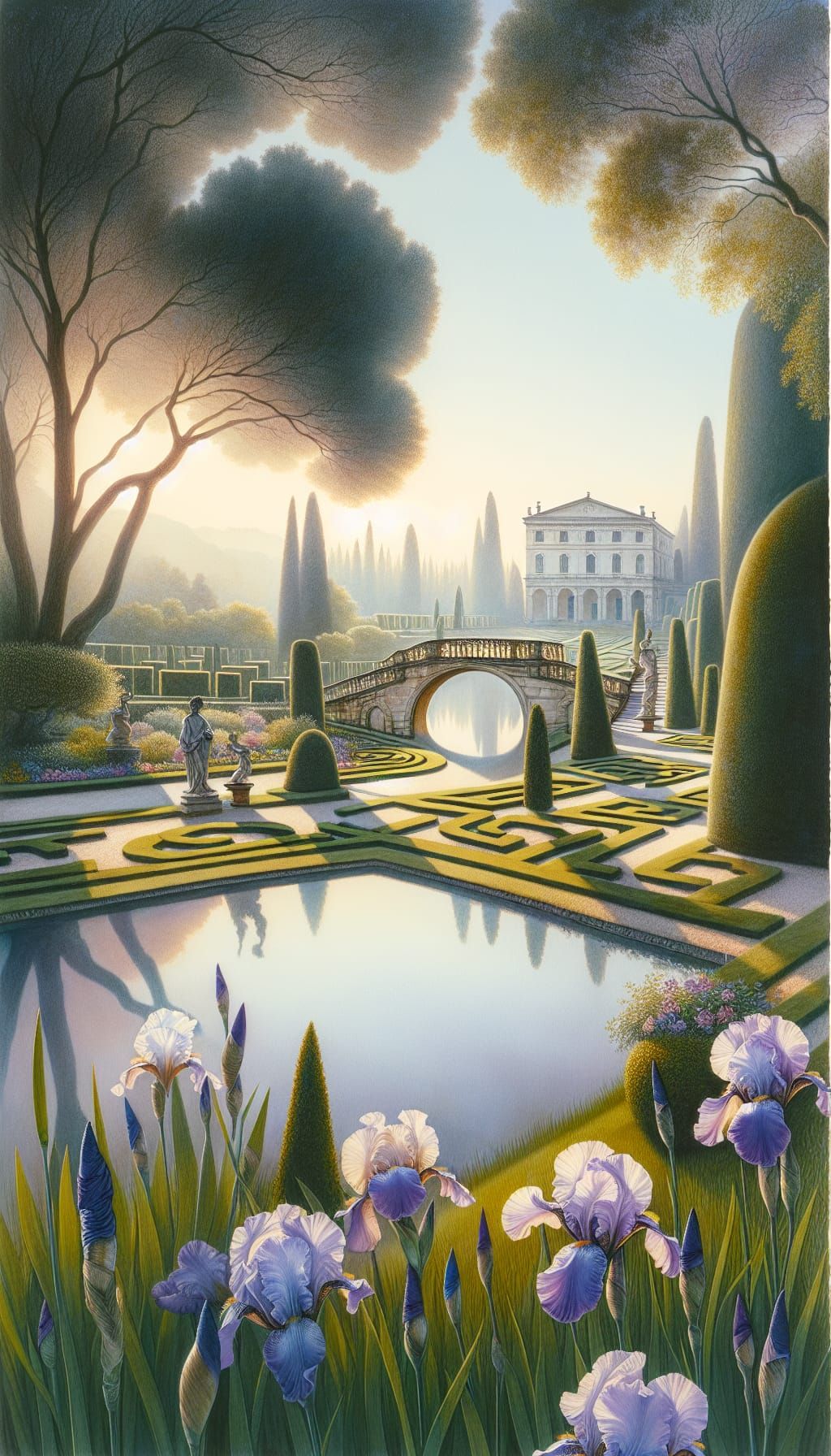 Springtime Palladian Garden in Soft Watercolour