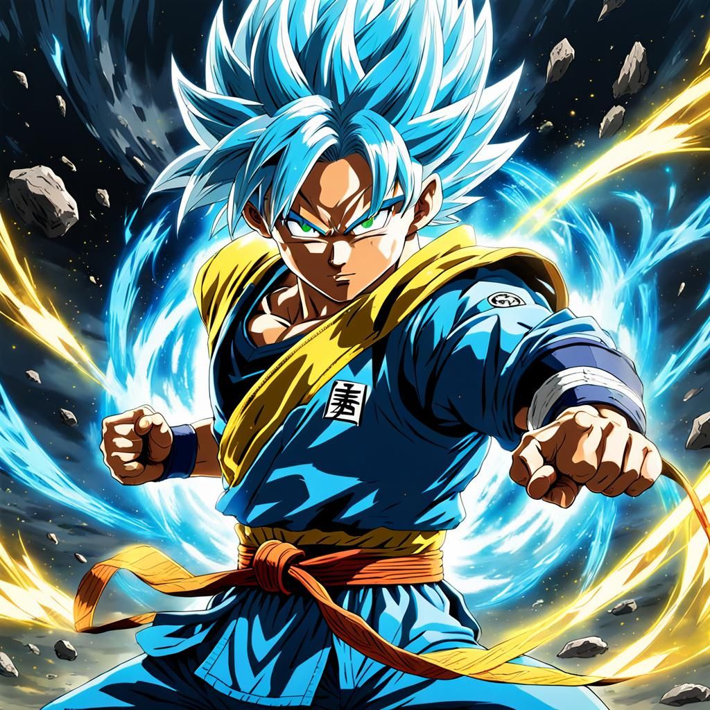 Blue-Haired Saiyan with Aura in Fighting Stance