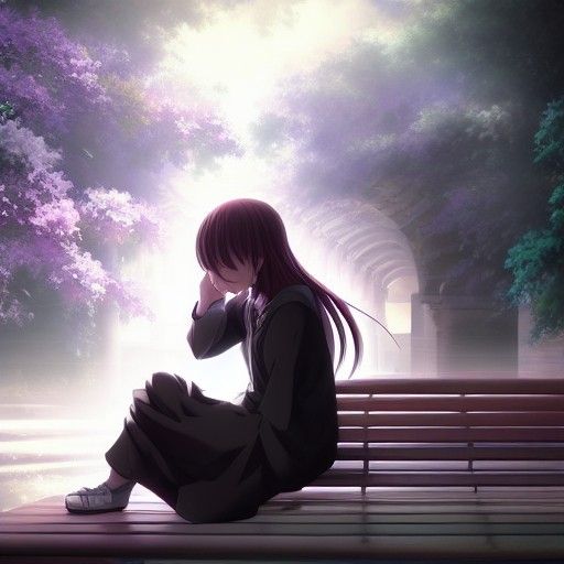 Anime Woman Crying on Bench in Matte Painting Style