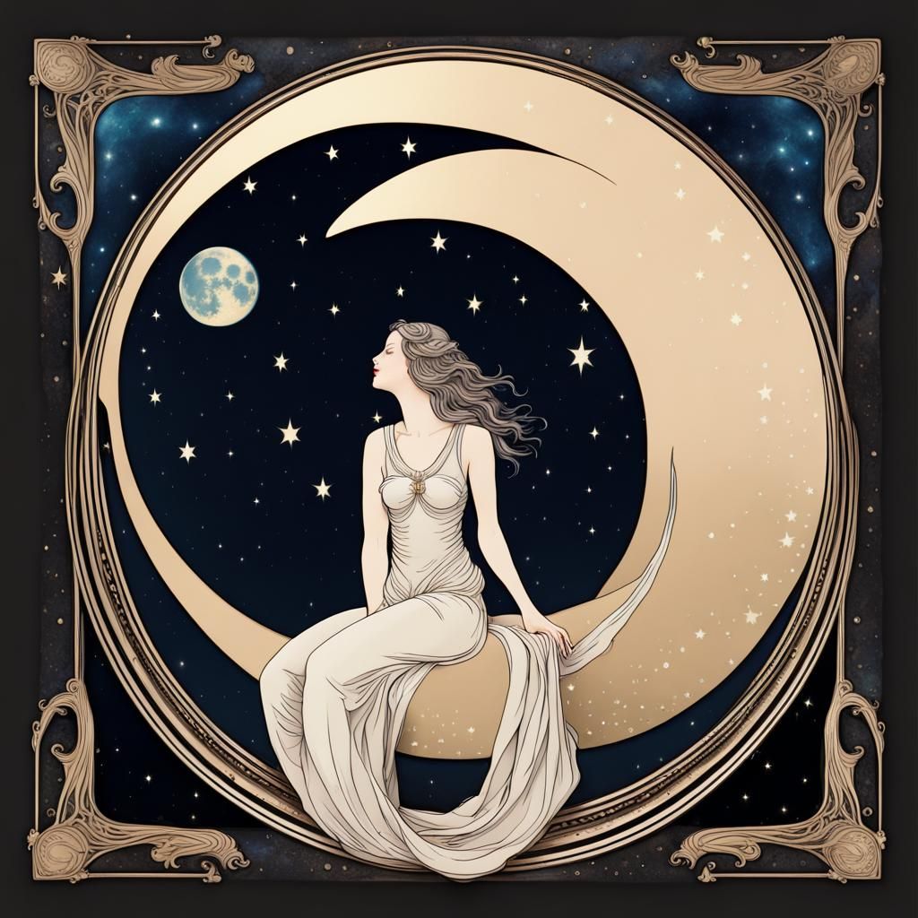 Woman on Crescent Moon in Art Nouveau Frame