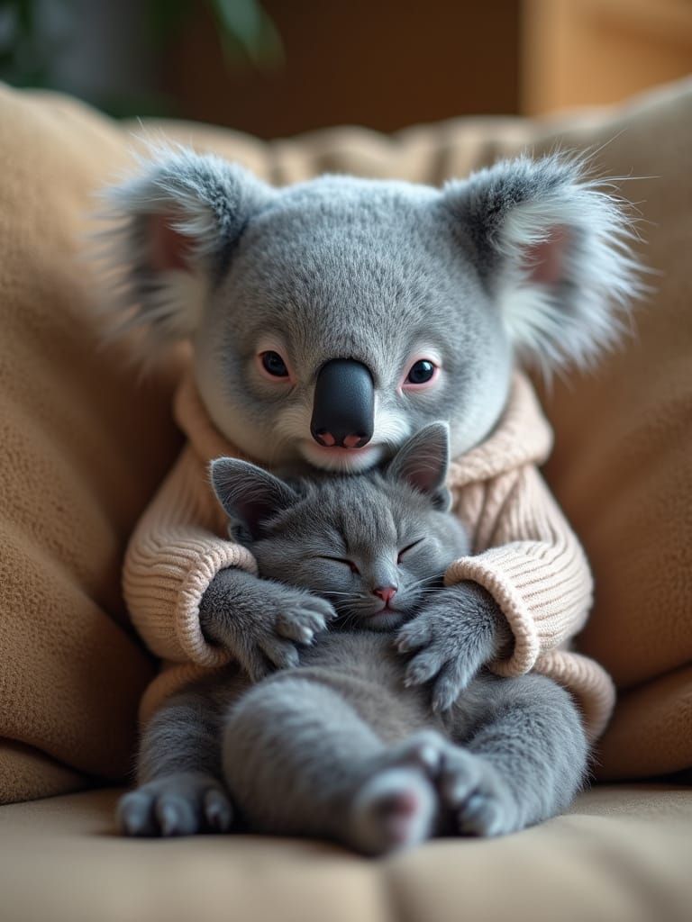 Serene Koala Embracing Gentle Cat on Plush Sofa