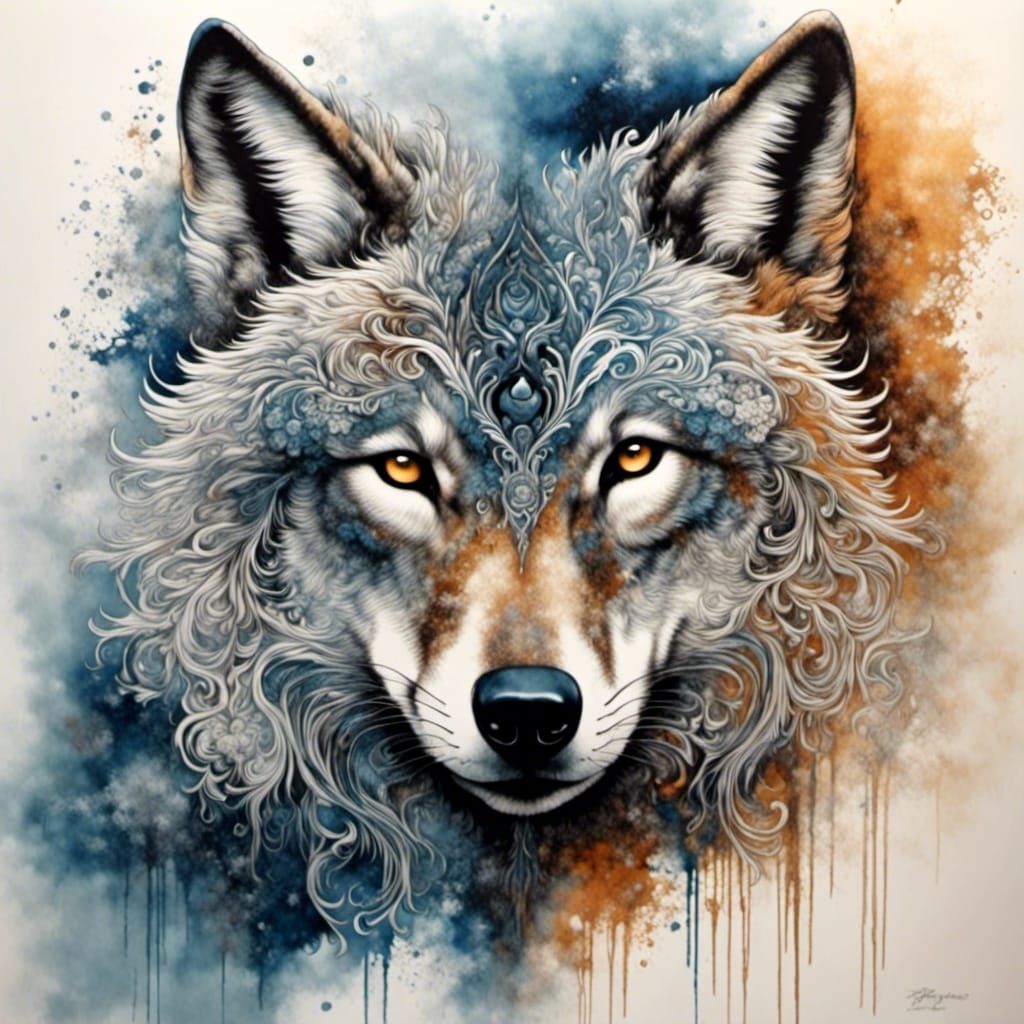 Ornate Wolf Face with Fluid Textures, Artistic Print