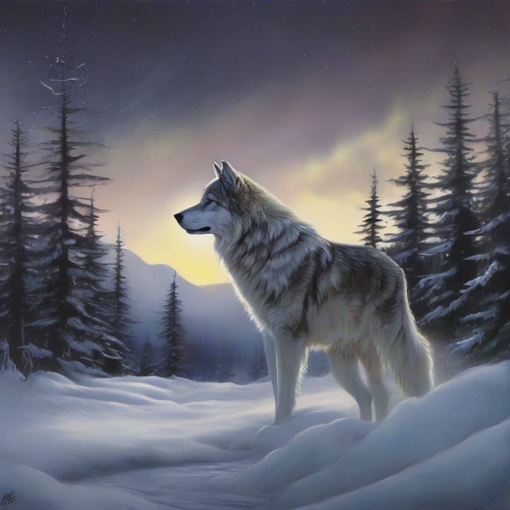 Mystical Wolf Stands Amidst Northern Lights