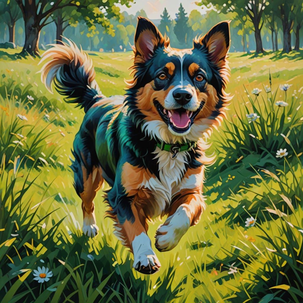 Vibrant Fauvist Oil Painting of a Happy Dog in a Green Meado...