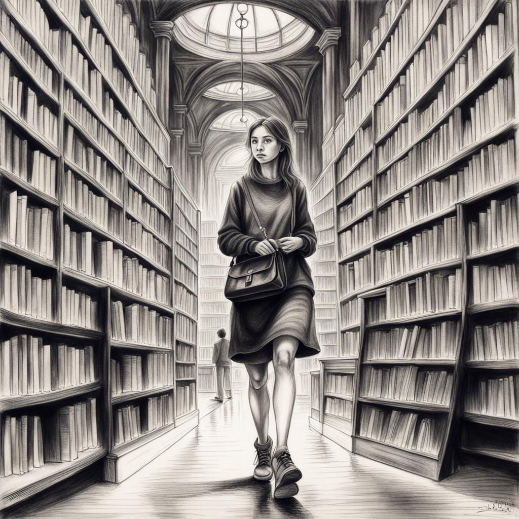 Charming Students in Library: Hyperdetailed Charcoal Drawing