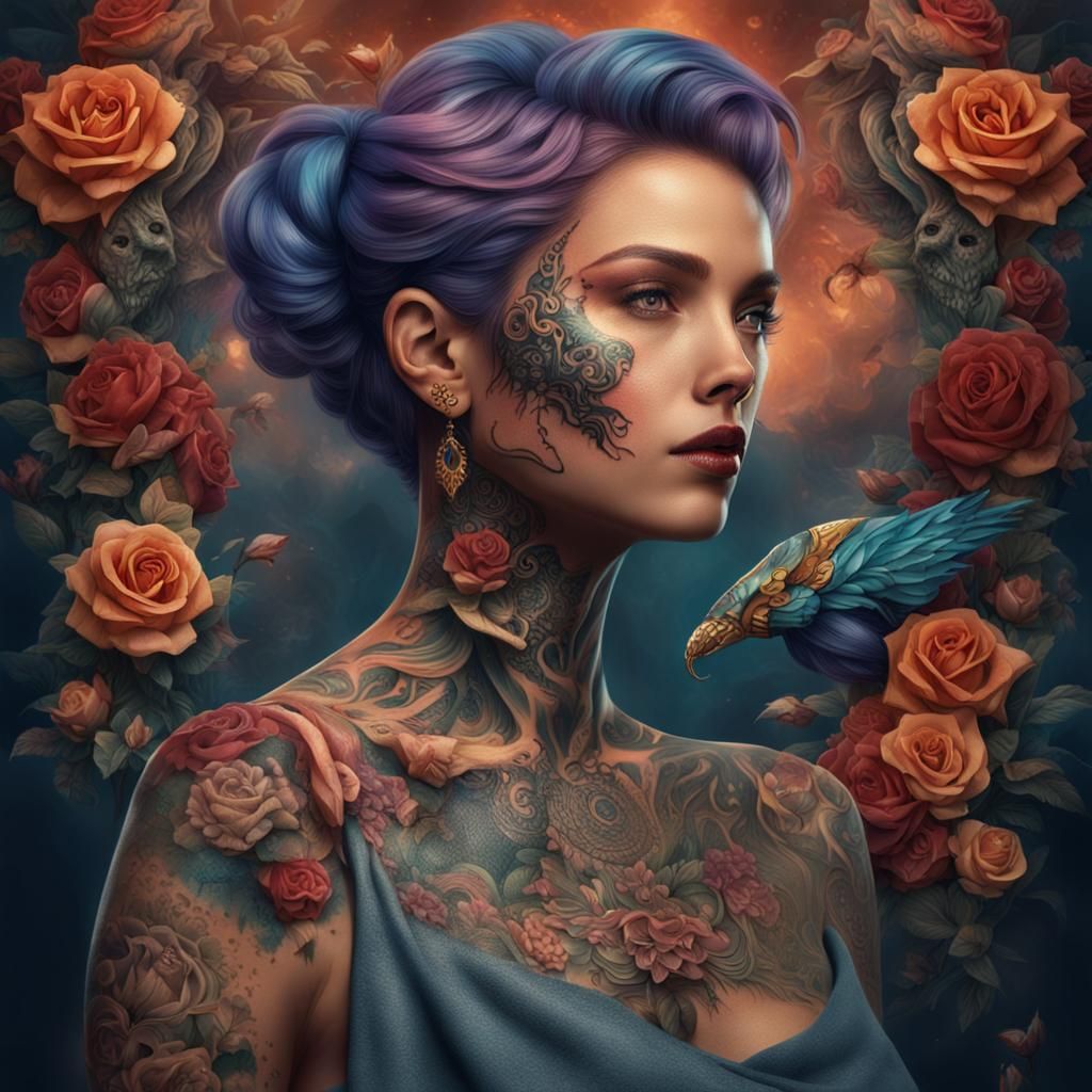 Recursive Tattoo Art: Detailed Matte Painting in Deep Color