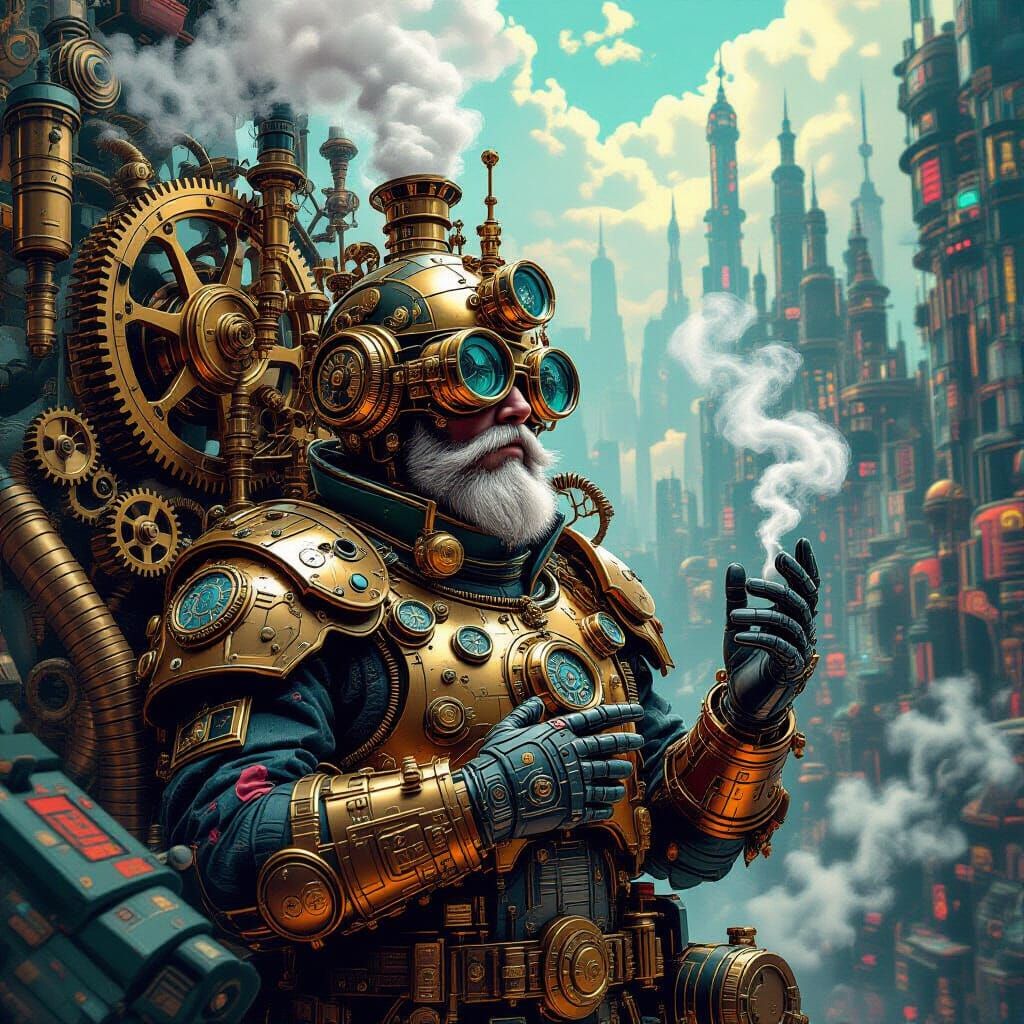 Steampunk Inventor Amidst Dreamlike Machinery