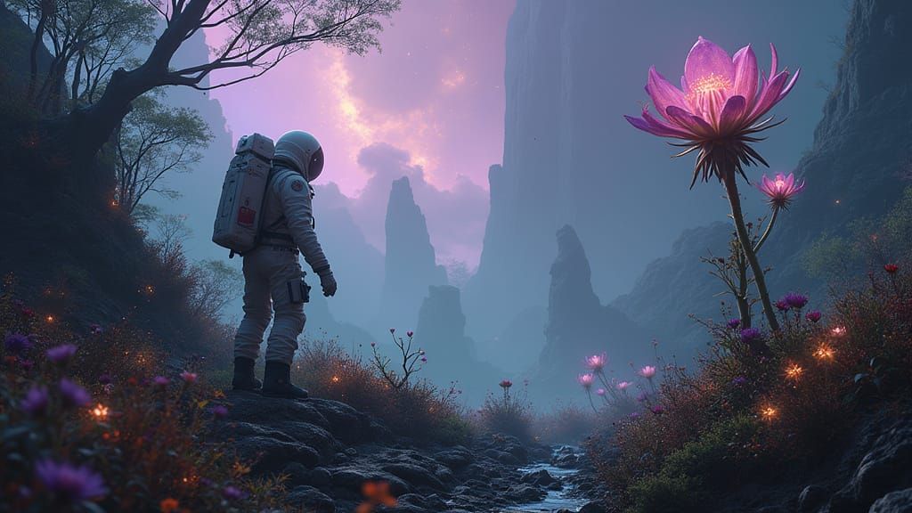 Astronaut Explores Alien Jungle with Bioluminescent Flora