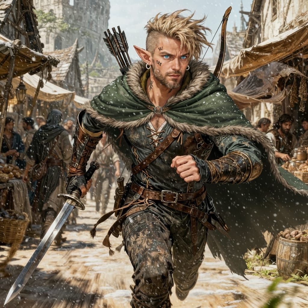 Elf Rogue Chasing Thief in Fantasy Market