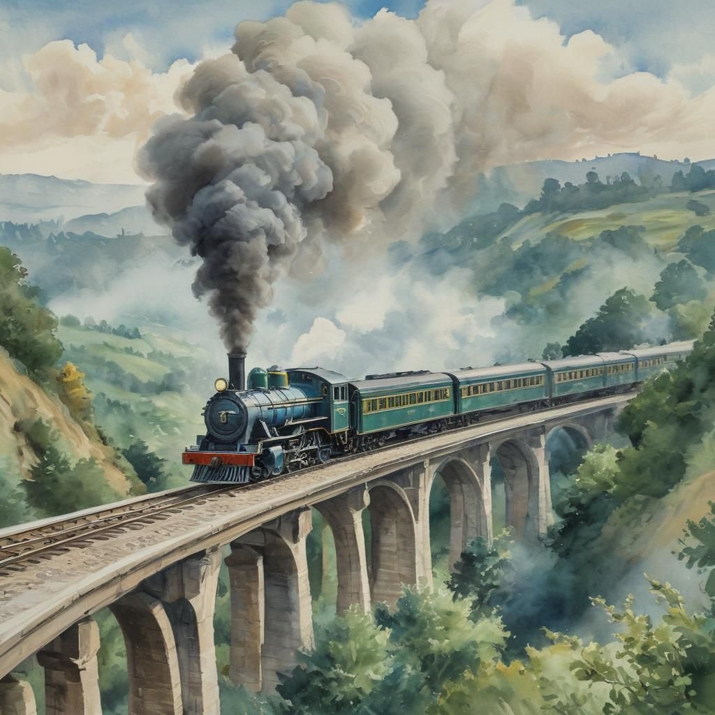 Watercolor Train Locomotive with Eastern Fusion Architecture