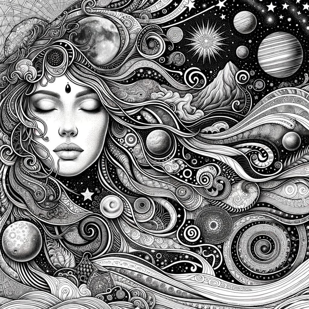 Surreal Cosmic Fusion: A Meditative Monochrome Illustration