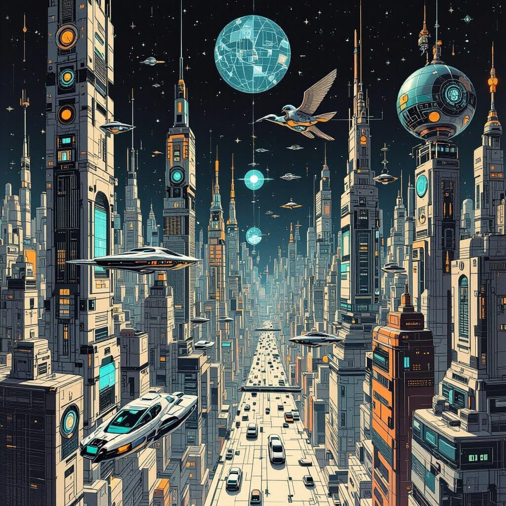 Cyberpunk Cityscape in Escher Style with Android Theme