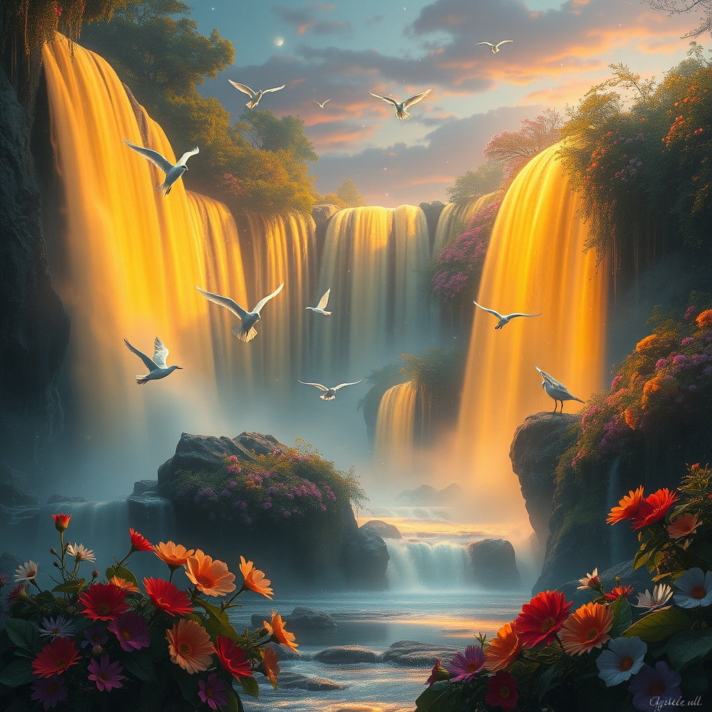 Luminescent Waterfalls at Dusk: A Matte Painting