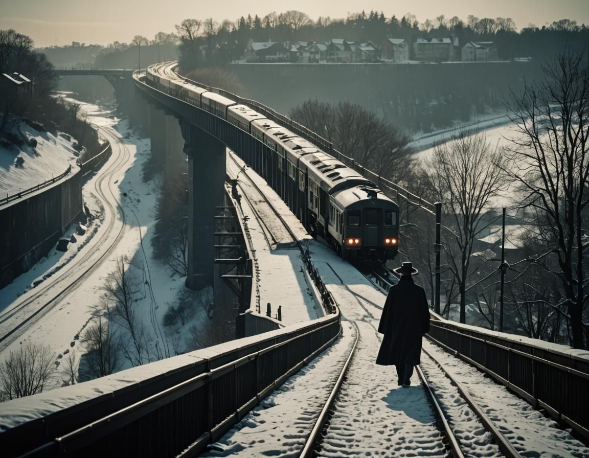 Dramatic Silhouette of Man Watching Train in Winter