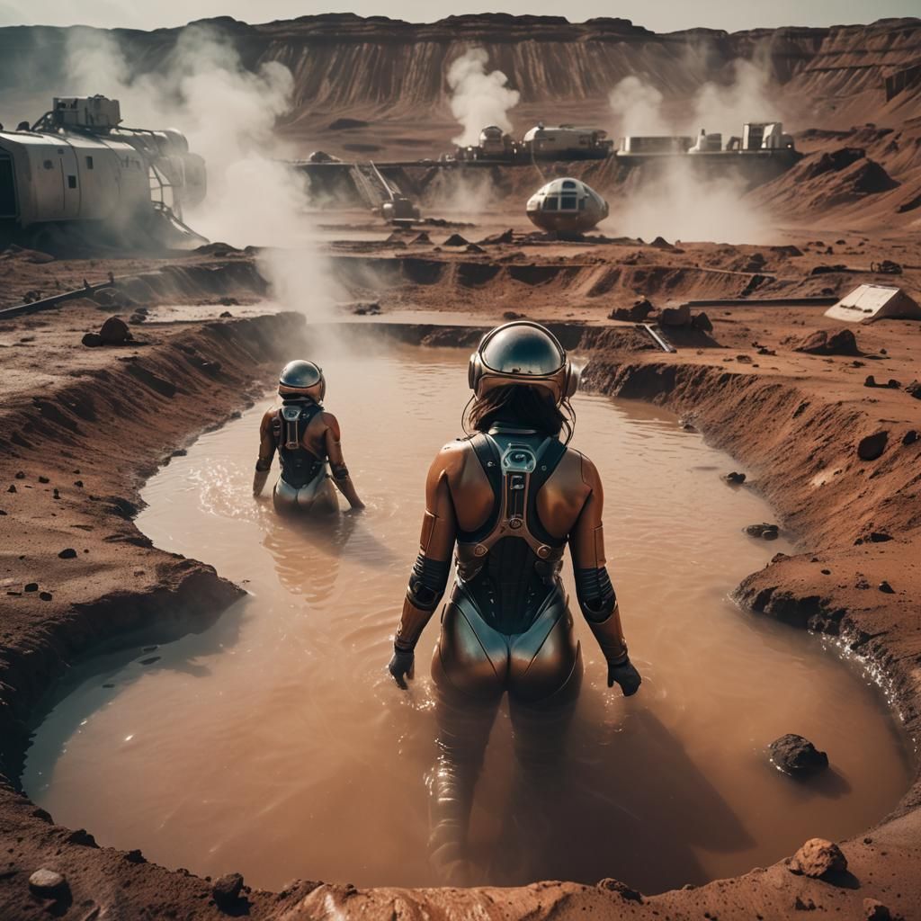 Astronauts' Hot Spring Bath on Mars: Cinematic Still