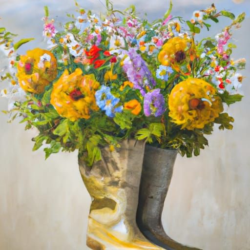 Wildflower Bouquet in Gray Boot, Oil Painting