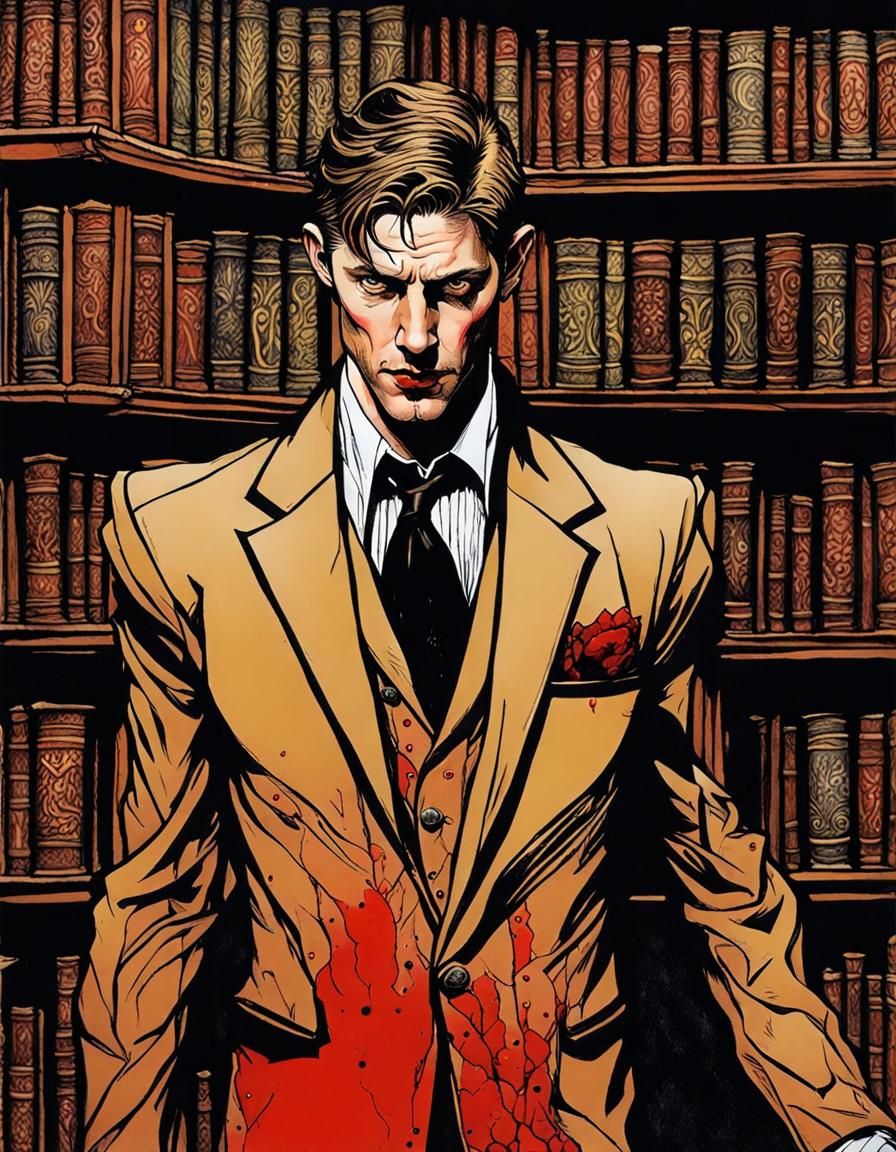 Sinister Vampire Portrait in Art Nouveau Library