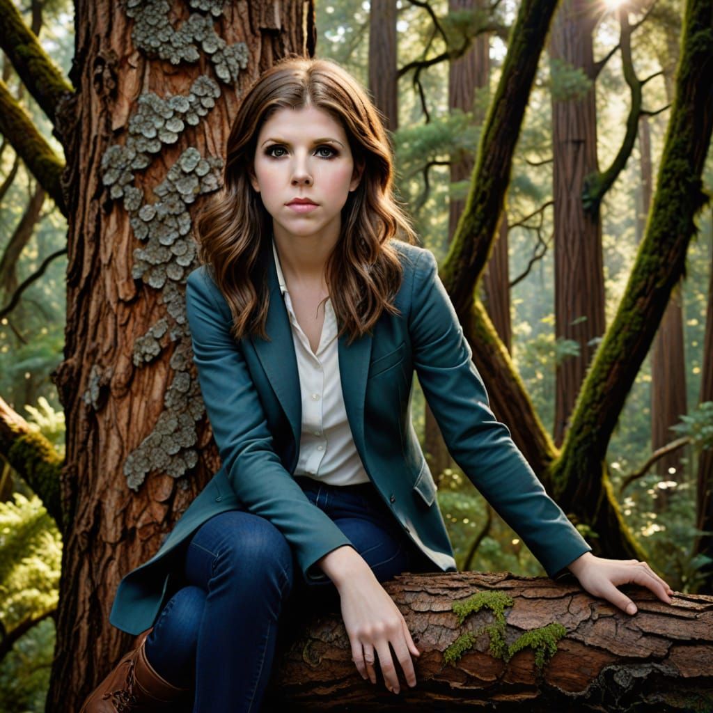 Anna Kendrick Portrait Atop Redwood in Vibrant Colors