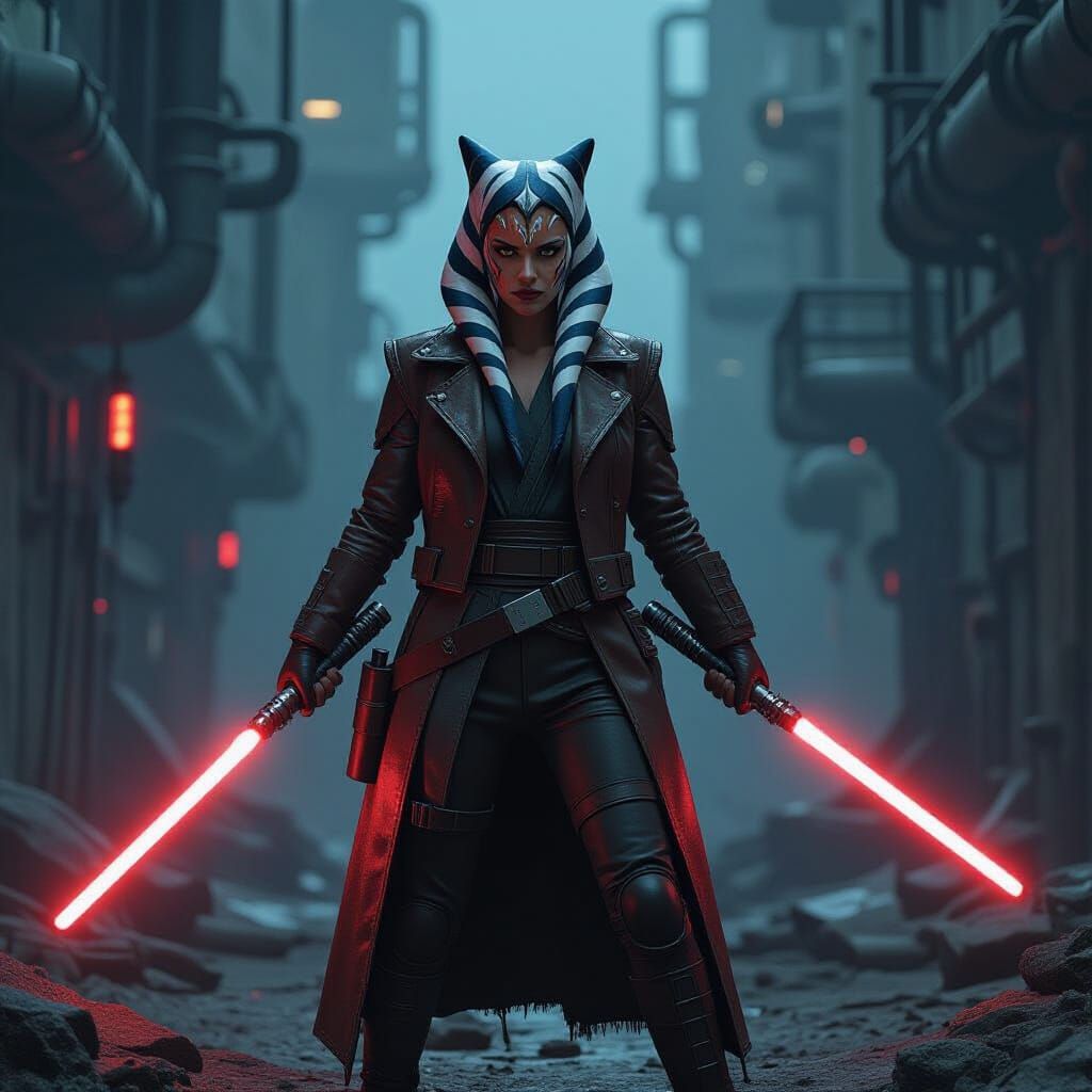 Ahsoka with Lightsabers in Gritty Industrial Landscape