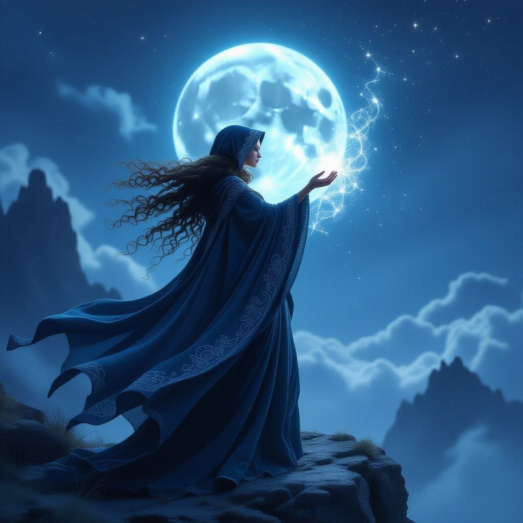 Moonlit Mystical Woman Weaves Ethereal Spell