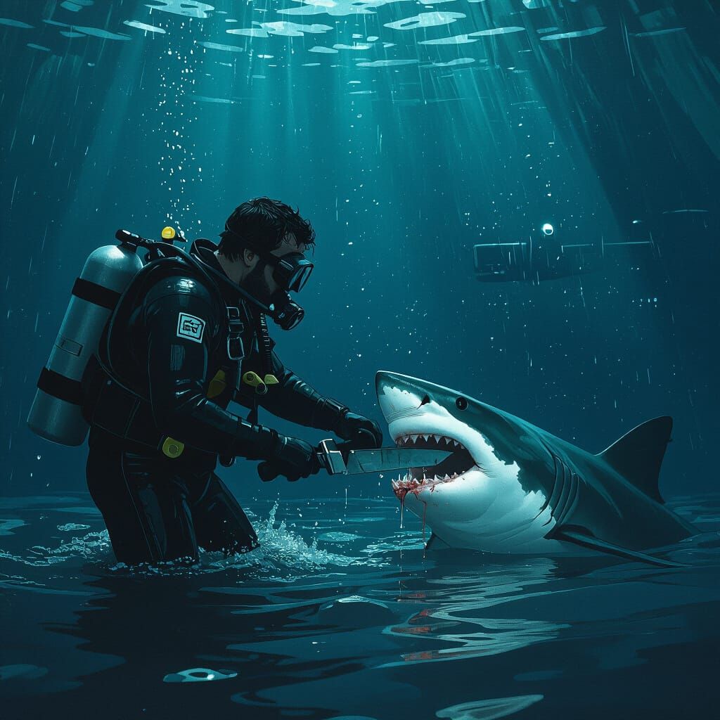 Diver Battles Shark in Gritty Sci-Fi Style