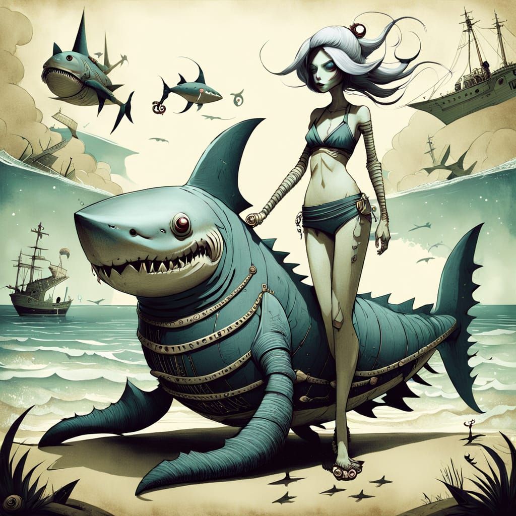 Whimsical Shark Caterpillar Hybrid at the Beach