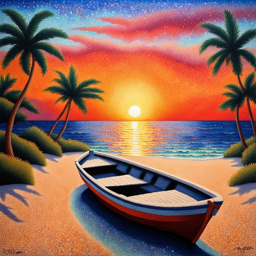 Pointillist Sunset: Boat on a Beach