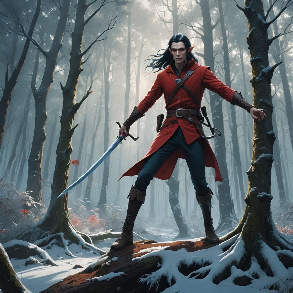 A tall male elf with long black hair and blue eyes, wearing ...