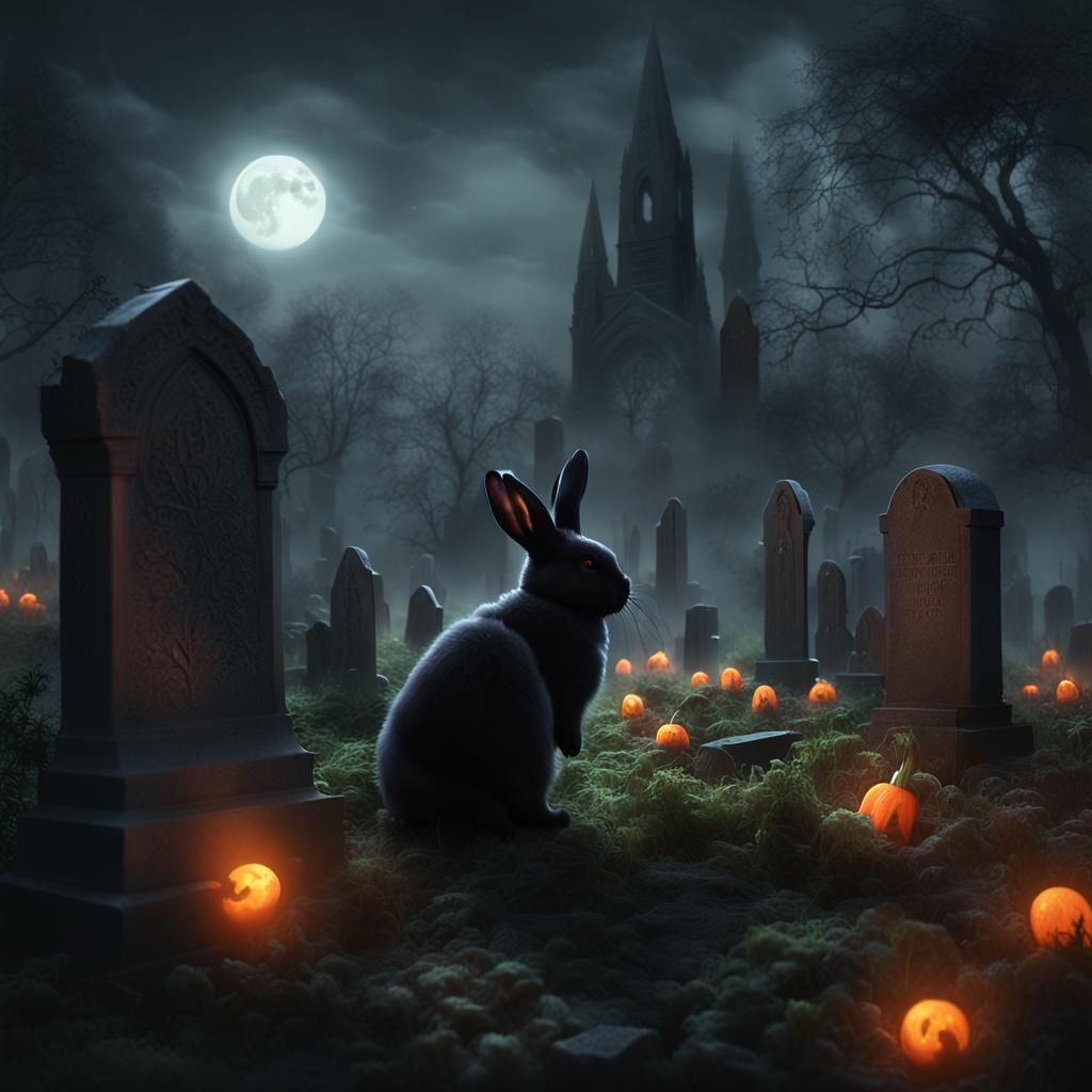 Black Bunny Munches Glowing Carrot in Foggy Graveyard