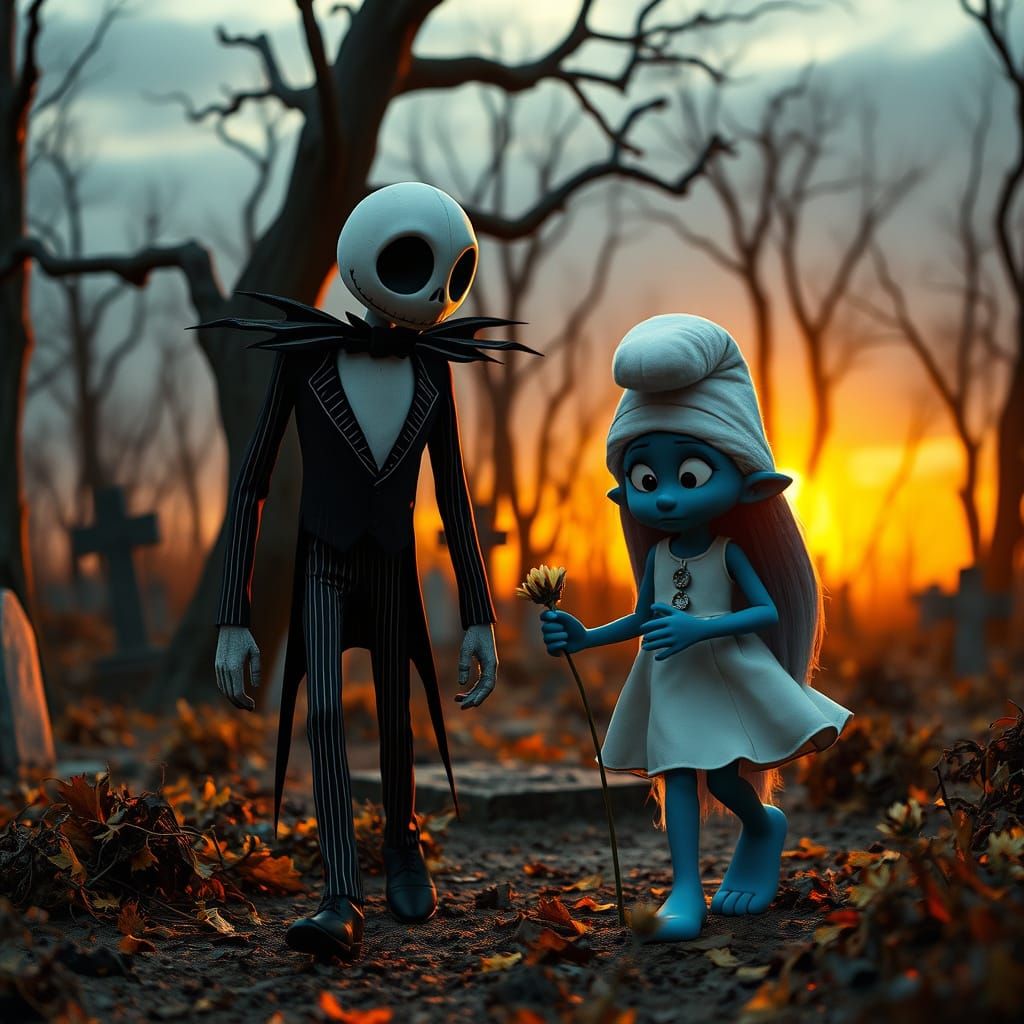 Jack Skellington and Smurfette Stroll through Autumnal Decay