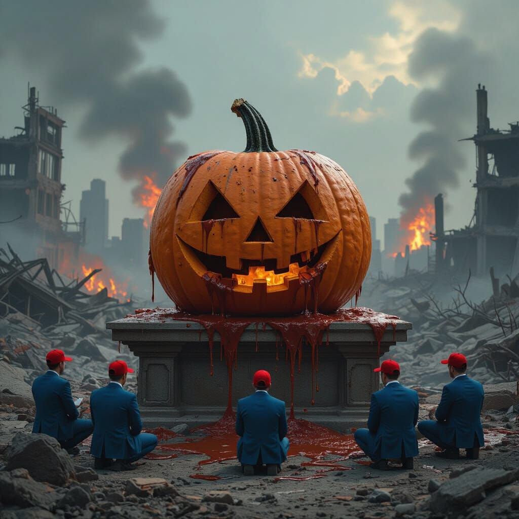 Decaying Pumpkin Altar Worship in Post-Apocalyptic City