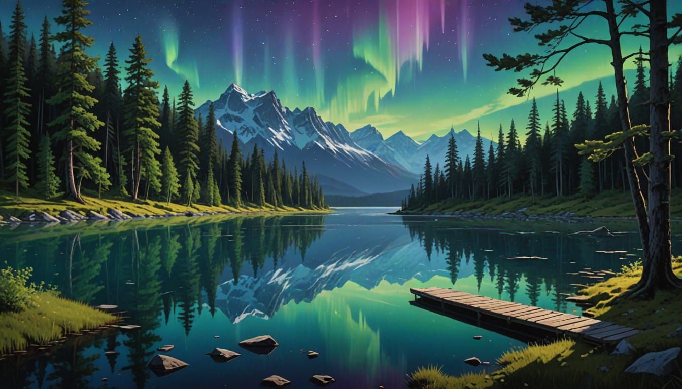 Ethereal Nighttime Landscape with Northern Lights and Majest...