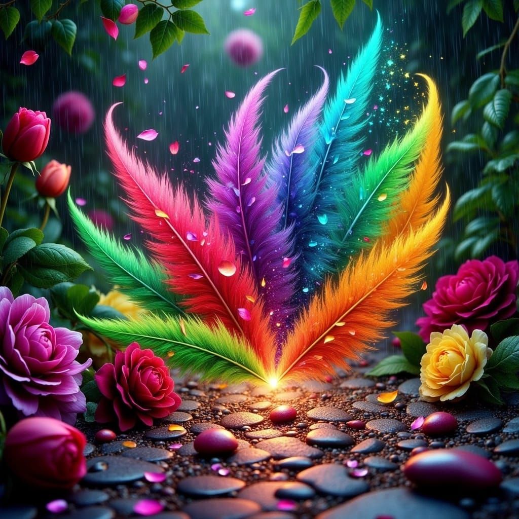 Magical Wind Swirls Feathers and Roses on Cobblestones