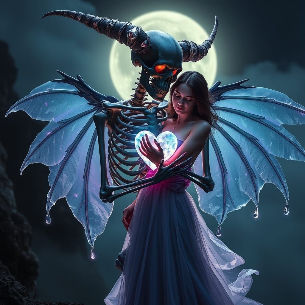 Skeletal Figure Embraces Woman with Tenderness