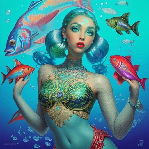 Sultry Mermaid in Vibrant Pop Art Underwater Scene