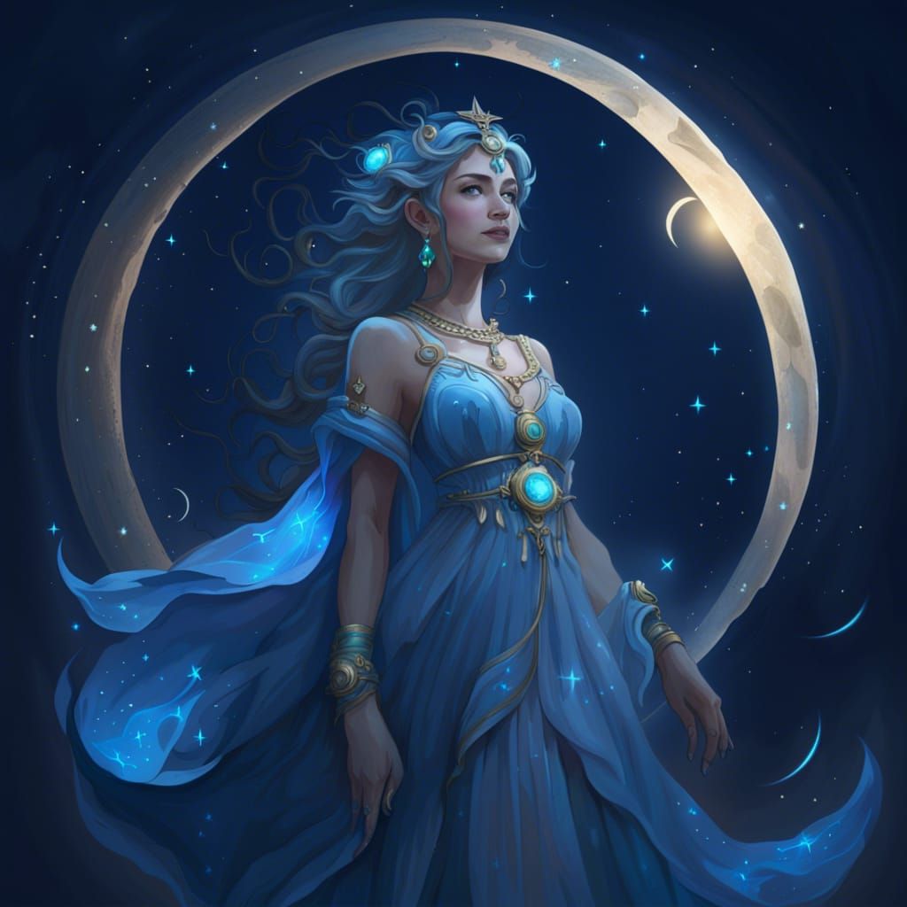 Elegant Moon Goddess in Blue Spacecore Style