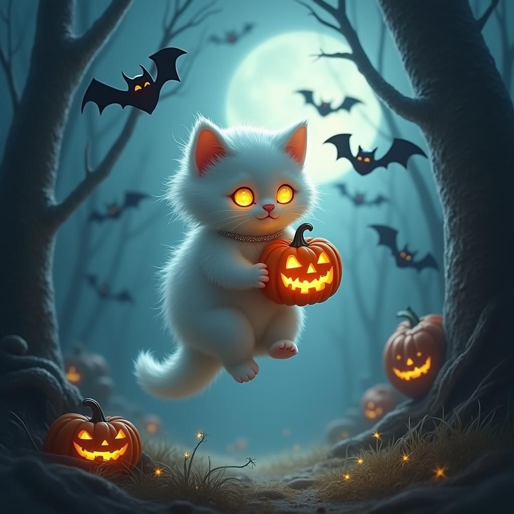 Ghostly Kitten Floating in Haunted Forest