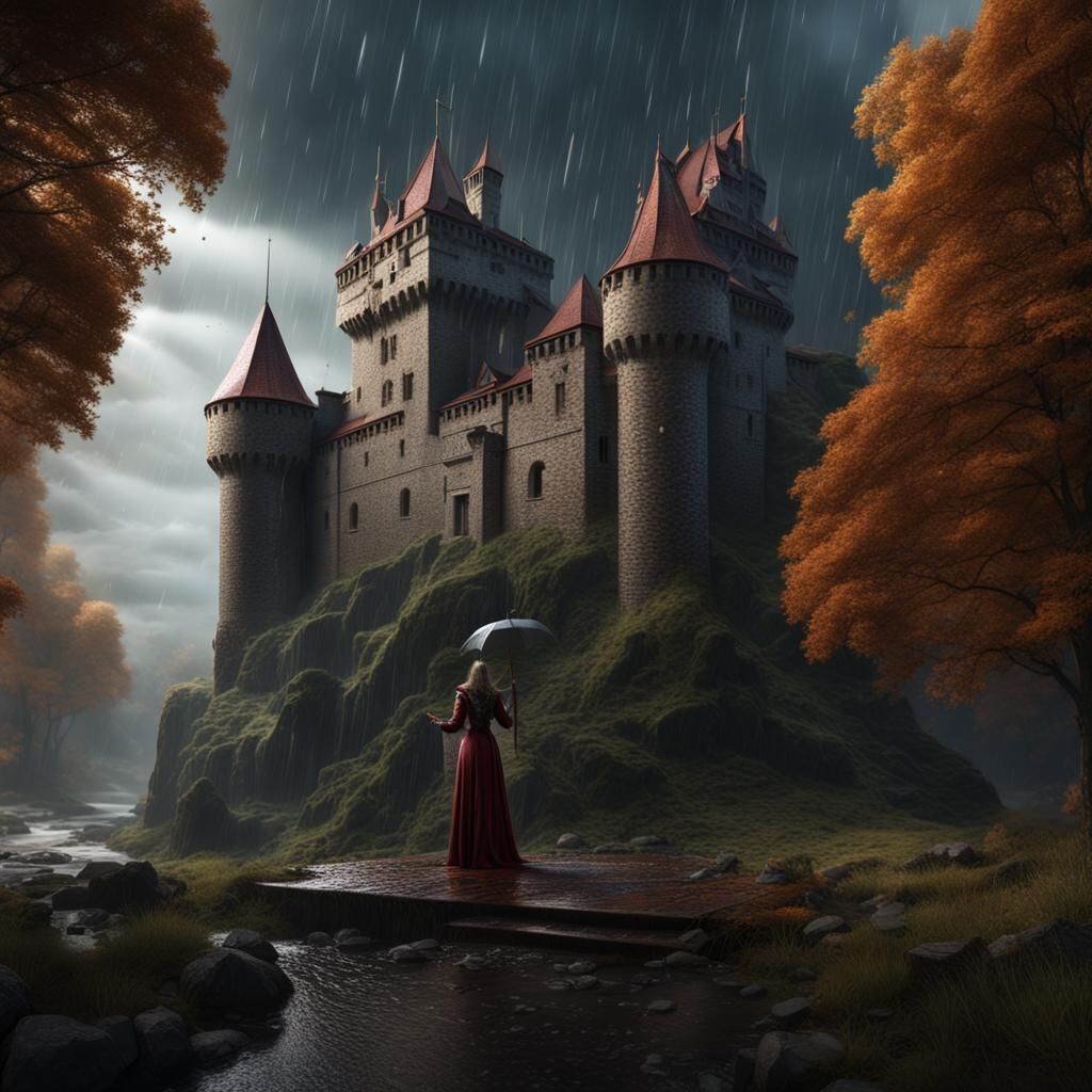 Queen in Rainy Castle: Detailed Matte Painting
