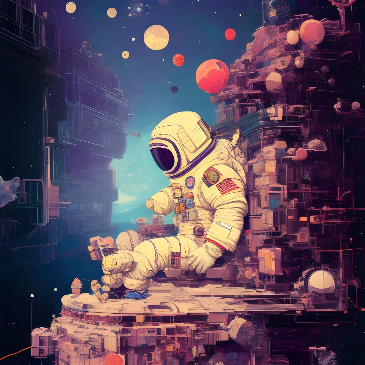 Astronaut in Space: Detailed Japanese Art Illustration