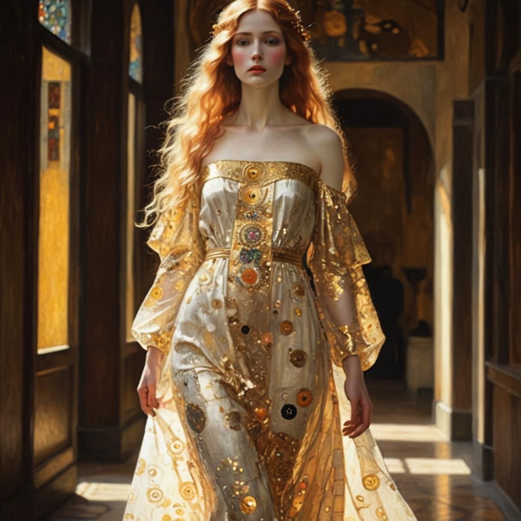 Blonde Woman in Sunset: Klimt-Inspired Art Nouveau