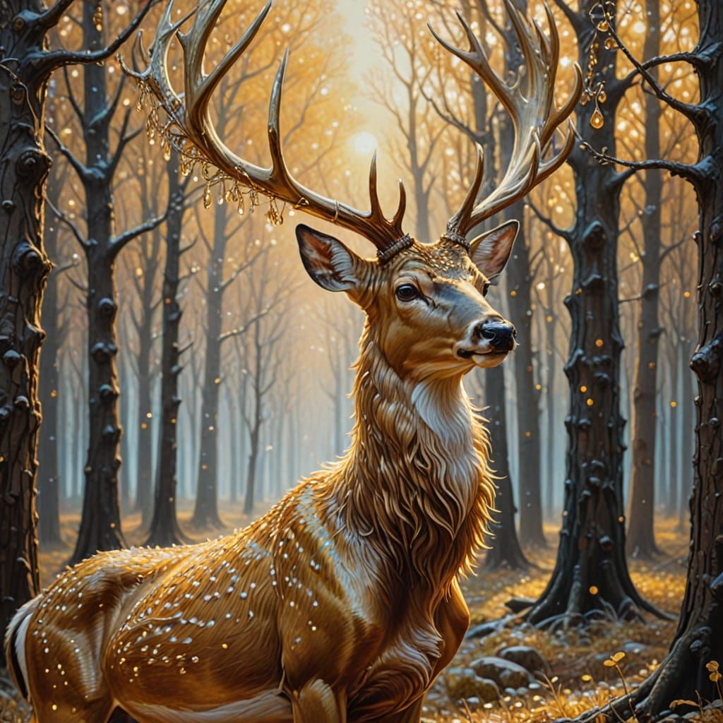 Golden Deer in Crystal Forest: Baroque Oil Painting