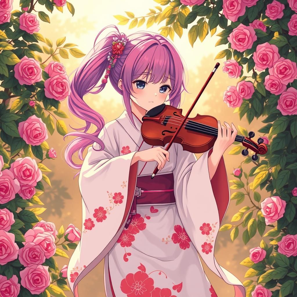Anime Girl Plays Violin in Manga Style