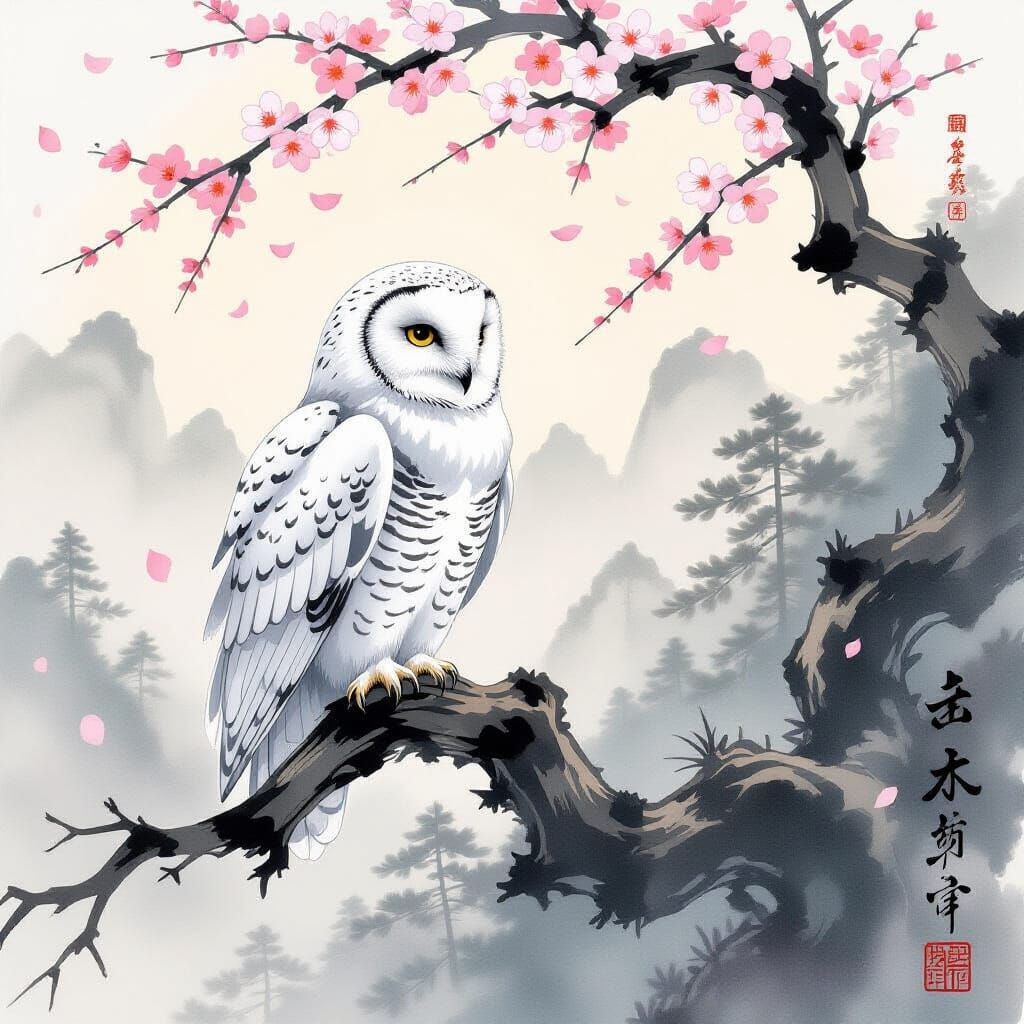 Majestic Snowy Owl in Japanese Ink Wash Style