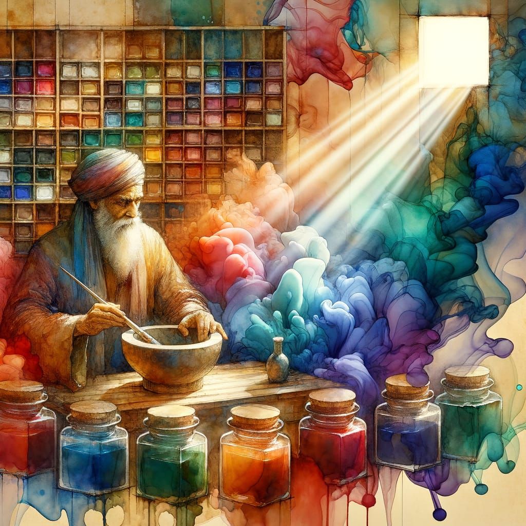 Elderly Craftsman in Watercolor and Ink Studio