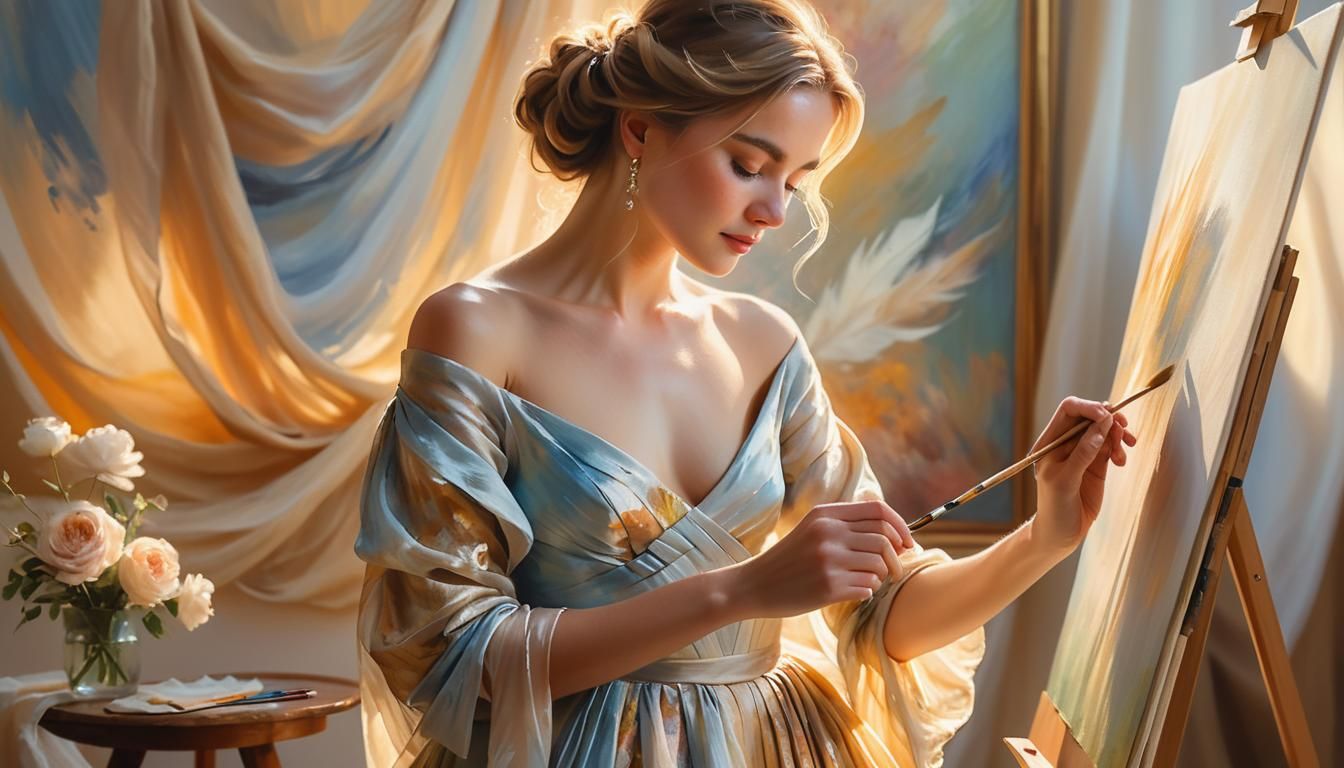 Impressionist Woman Drawing in Golden Light